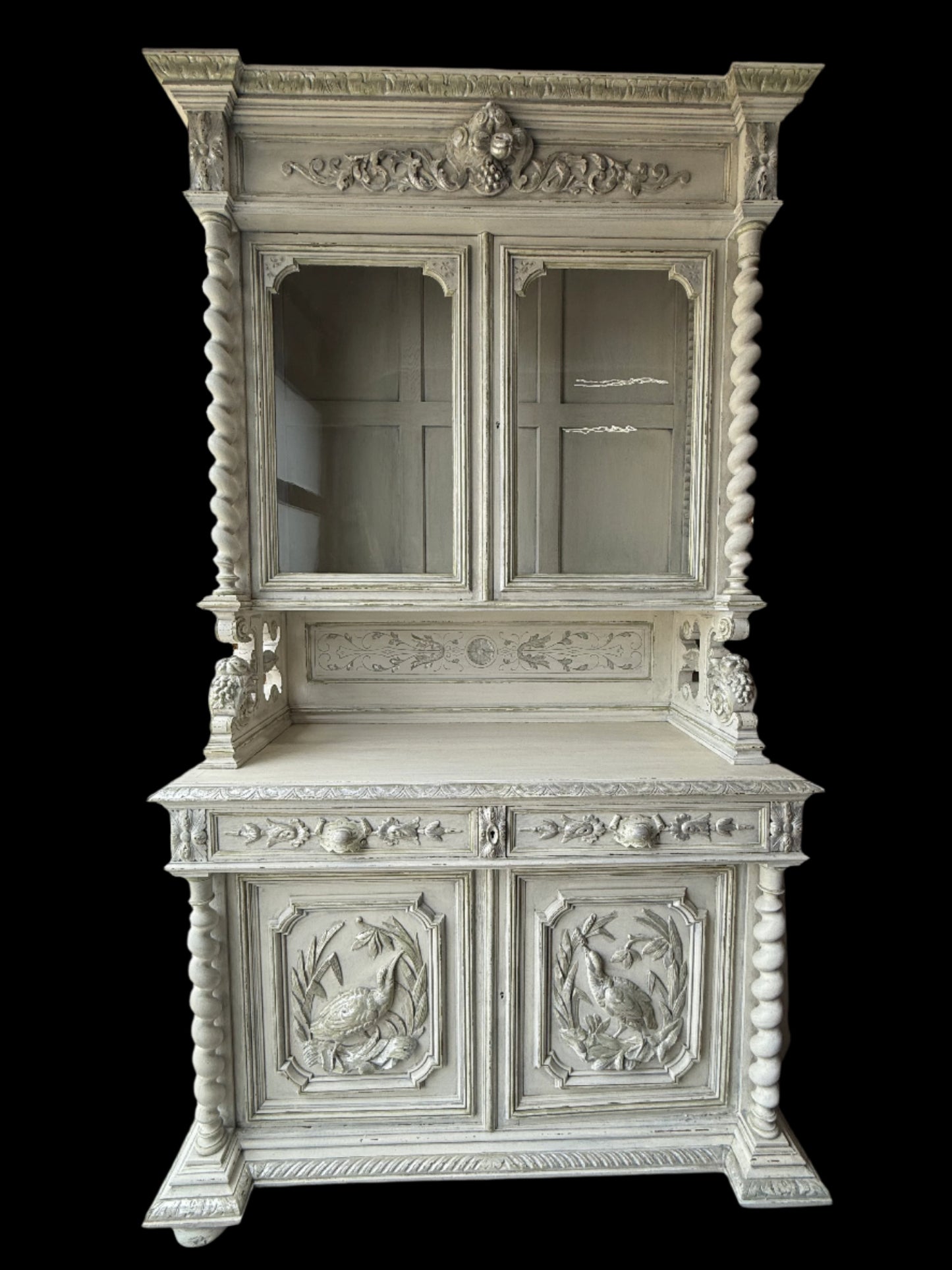 Painted Louis XIII Hunt Cabinet 57.5x25x98.5"h
