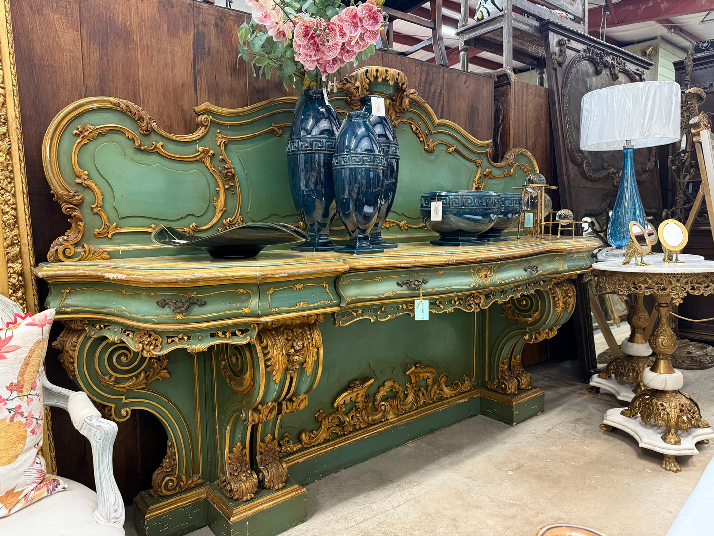 Green and Gold Antique Console 107x24x67.5"h