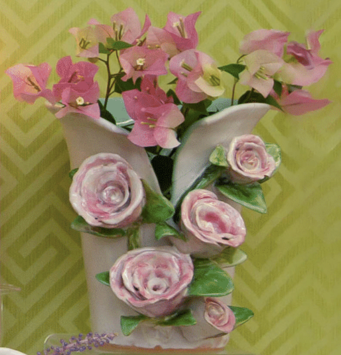 Large Vase with Pink Roses 6.5x6.5x7"h