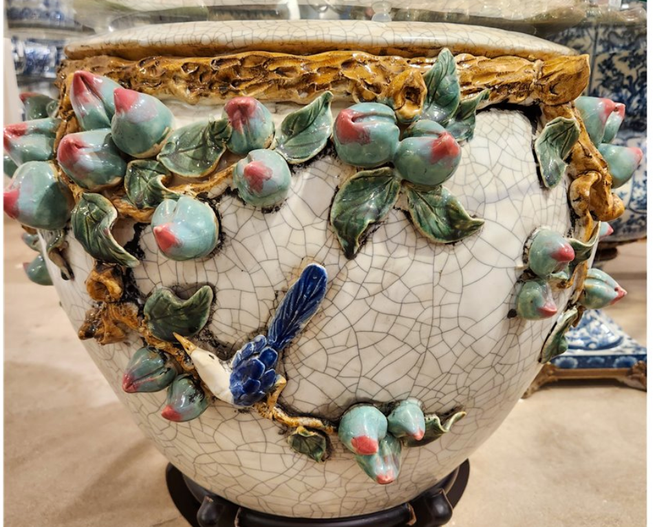 Majolica Fishbowl Birds & Peaches 16"h