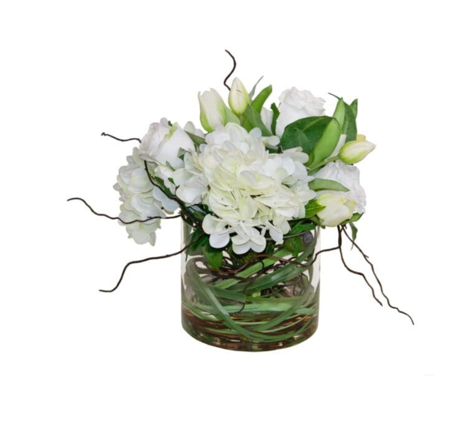 Glass w/ Hydrangeas, Roses, Tulips & Grass 15"h