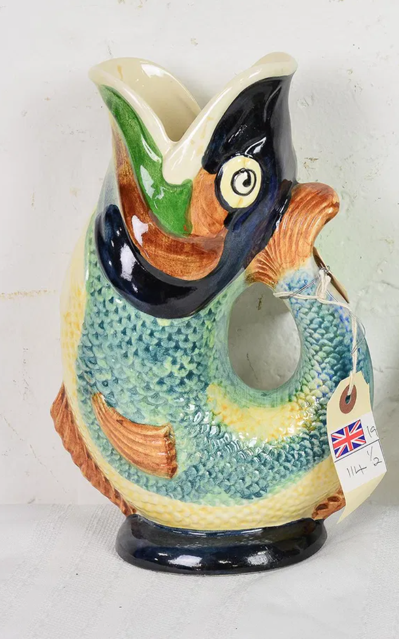 French Majolica Devon Fish Pitcher 7x7x10"h