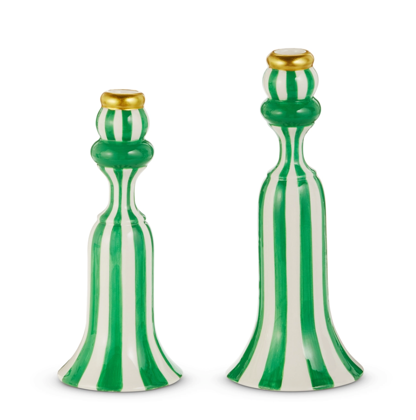 Green & White Candleholders Set/2 8.5"h & a10"h