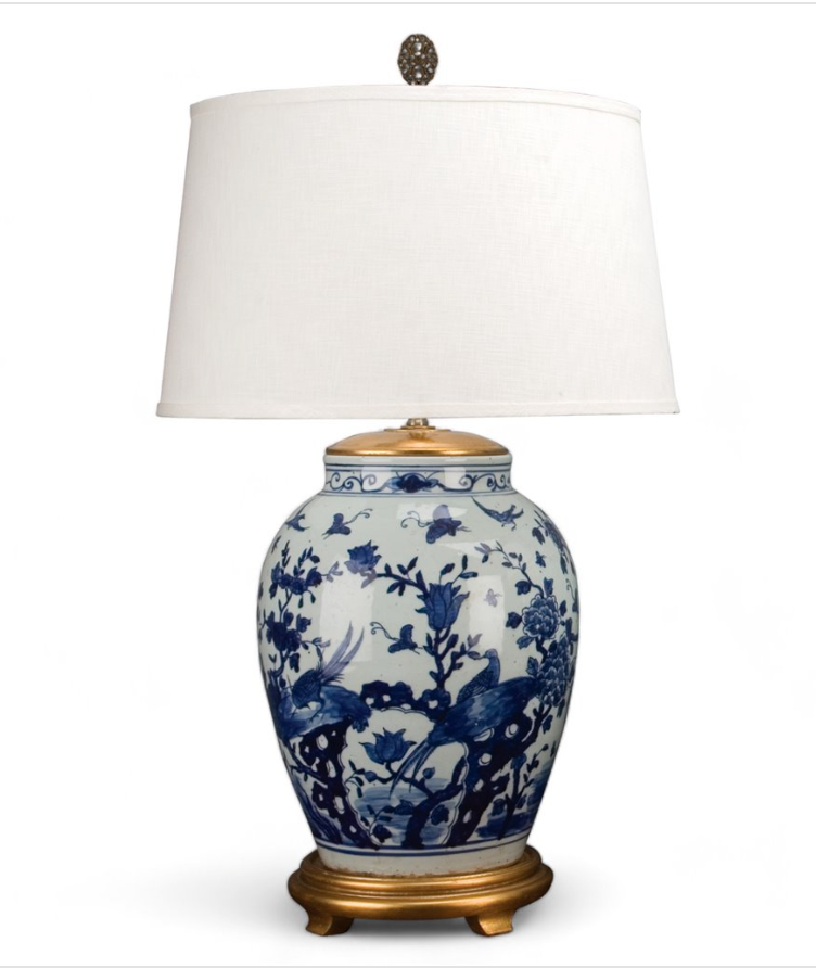 B&W Porcelain Lamp w/ Gold Base 34"h
