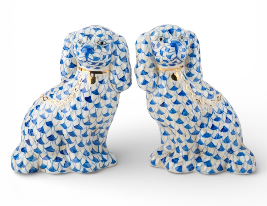PAIR Staffordshire Dogs Fishnet Blue 9"h