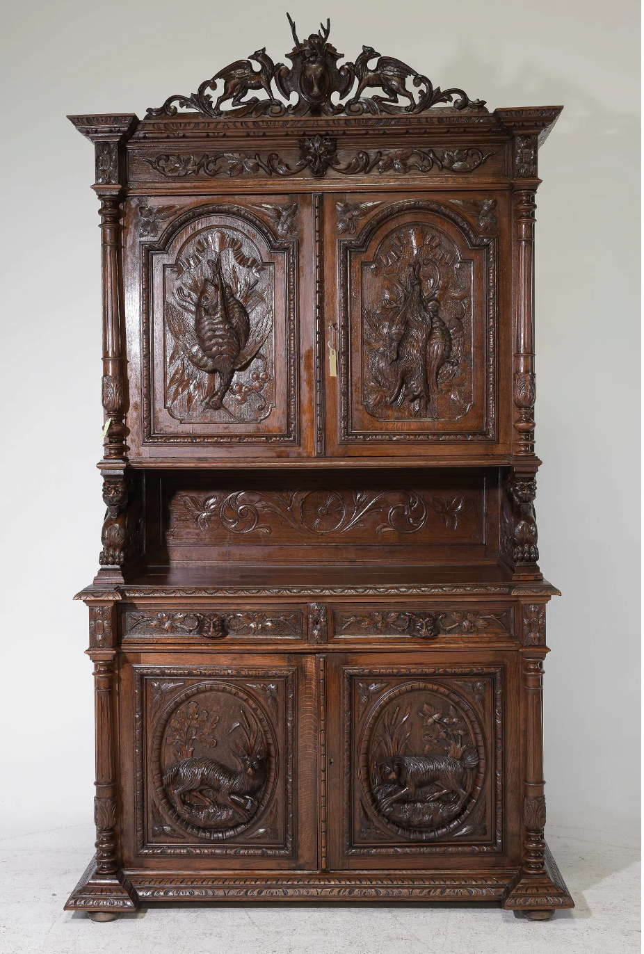 Carved Oak Hunt Cabinet 55x25.5x102"h