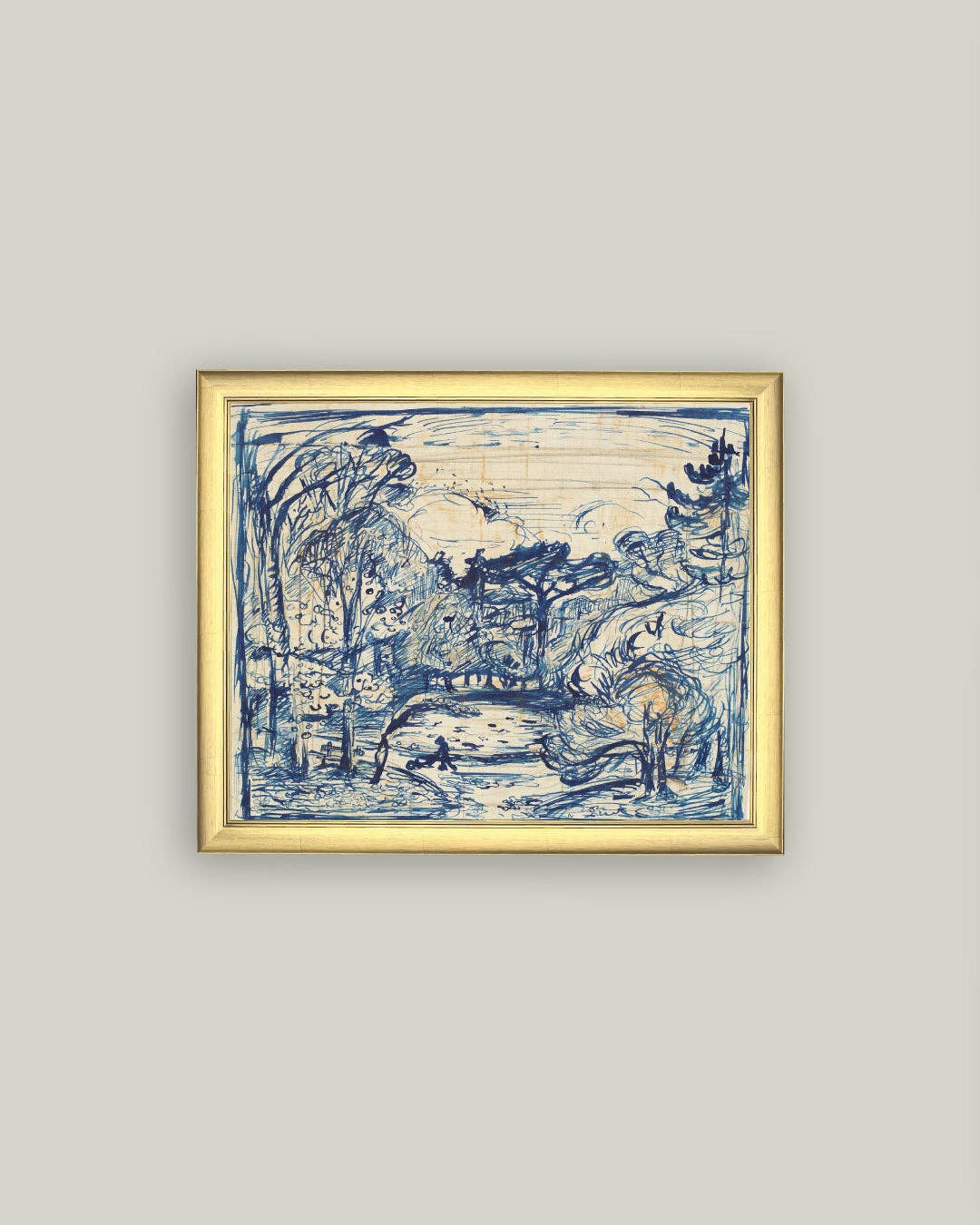 Forest with Woodcutter Framed Antique Art: 11x9