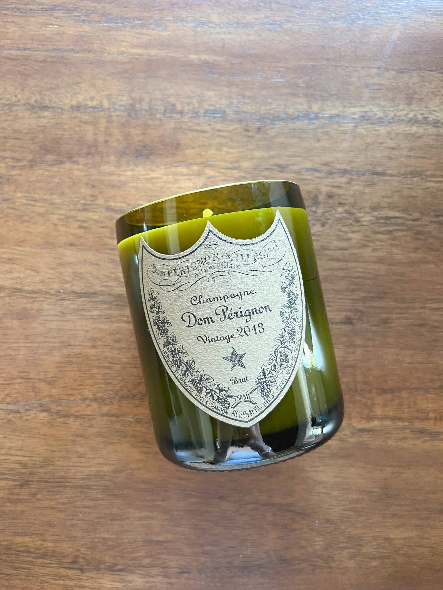 Recycled Dom P Bottle - Vintage Label Candle: Amber/Sandalwood/Leather