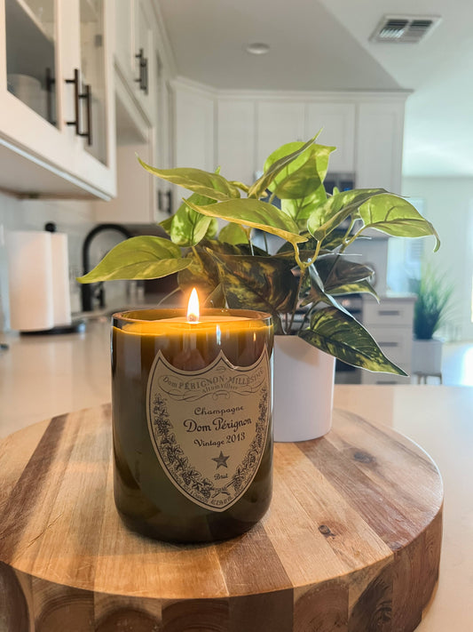Recycled Dom P Bottle - Vintage Label Candle: Amber/Sandalwood/Leather