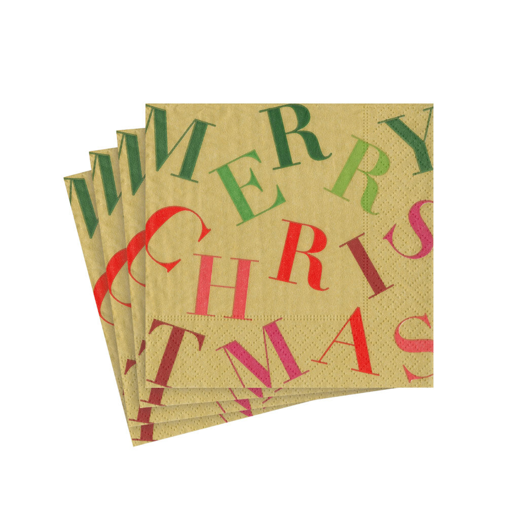 Merry Christmas Toss Gold Cocktail Napkins 5x5"