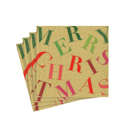 Merry Christmas Toss Gold Cocktail Napkins 5x5"