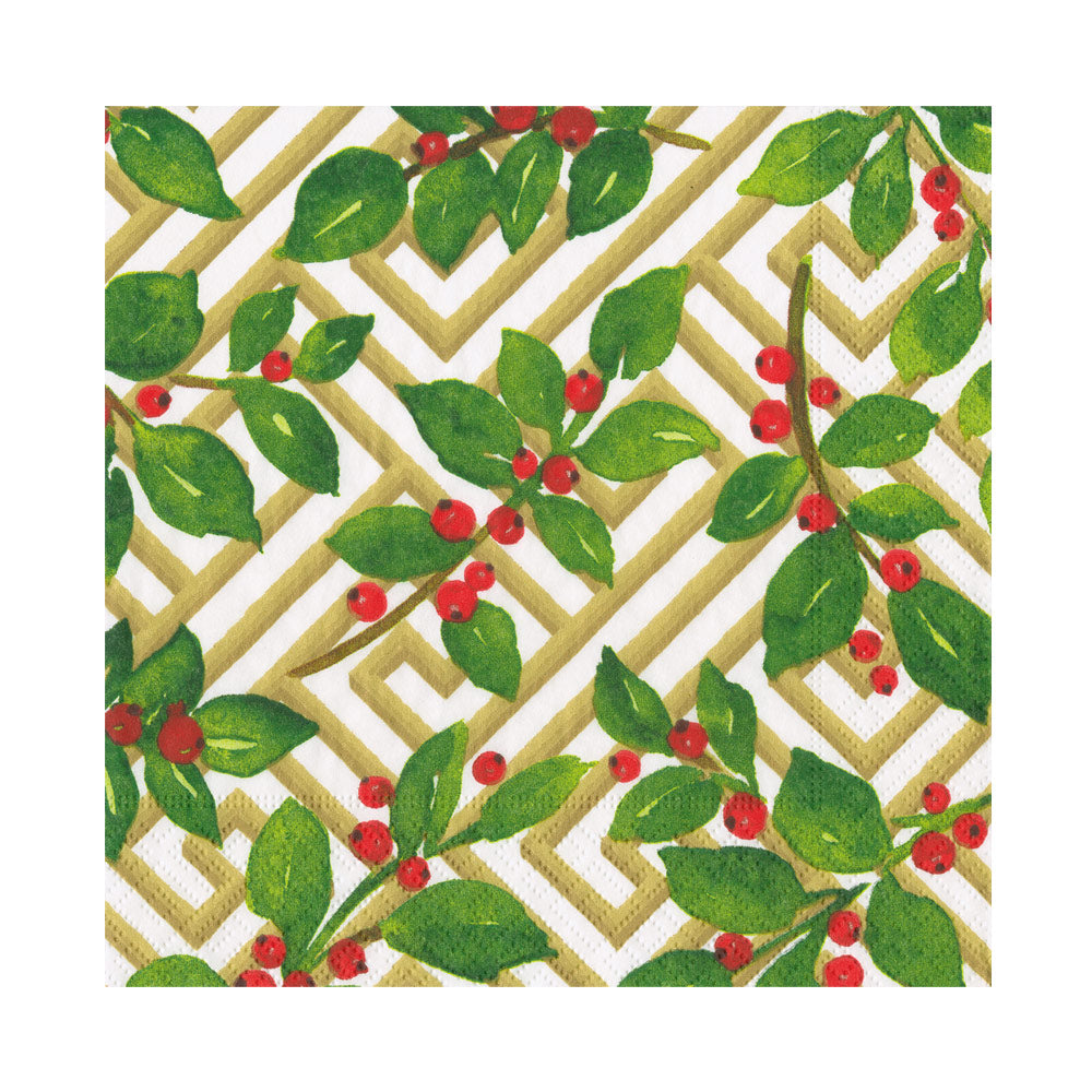 Holly and Fretwork White Luncheon Napkins 6.5x6.5"