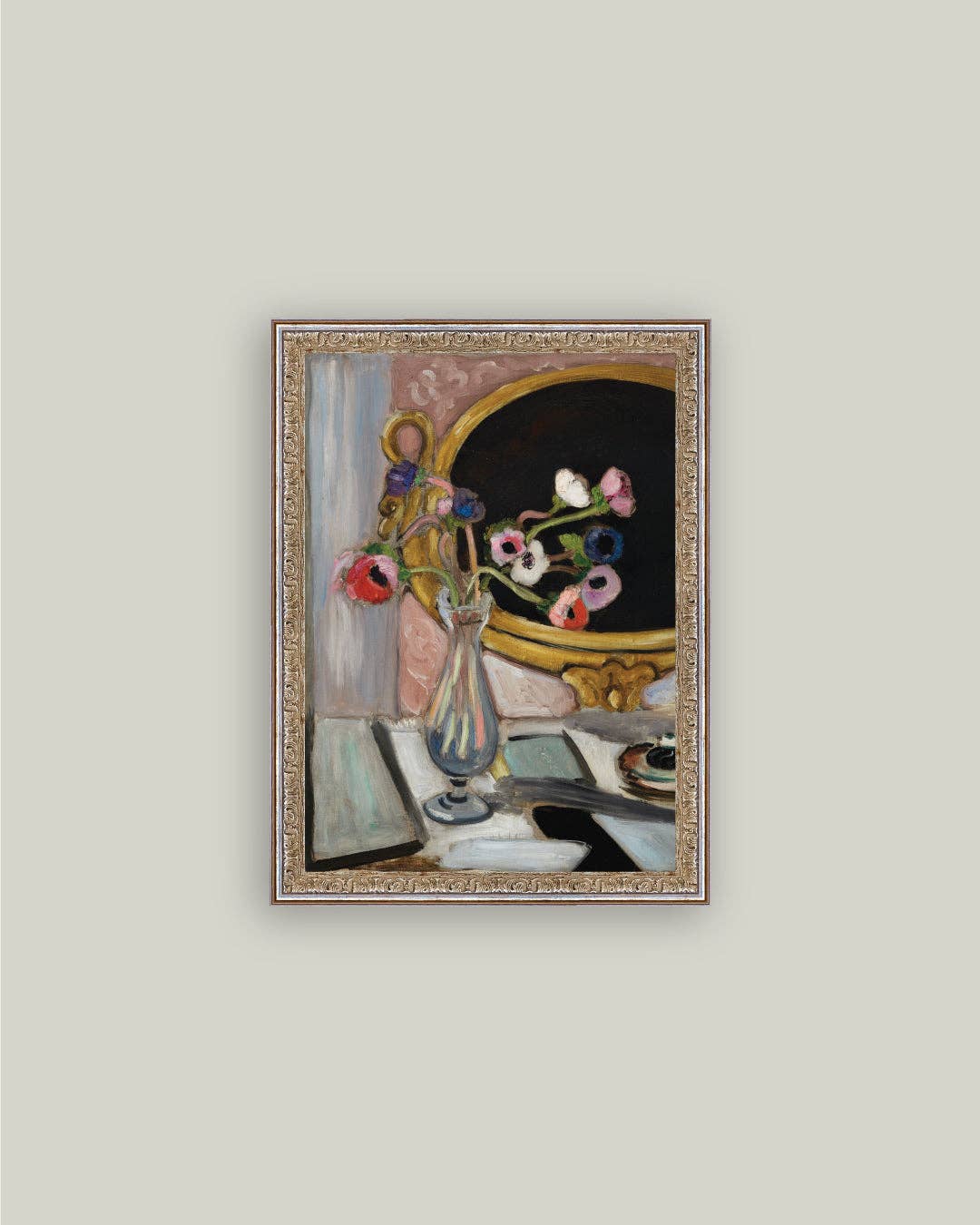 Anemone and Mirror Framed Antique Art: 8x10