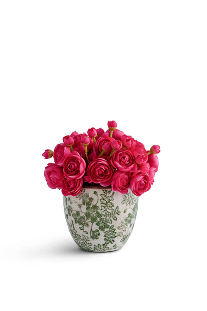 Pave baby Ranunculus in Green and White ceramic: Pink