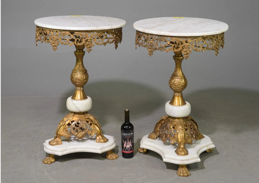 PAIR French White Marble Gilt Tables 22x33"h