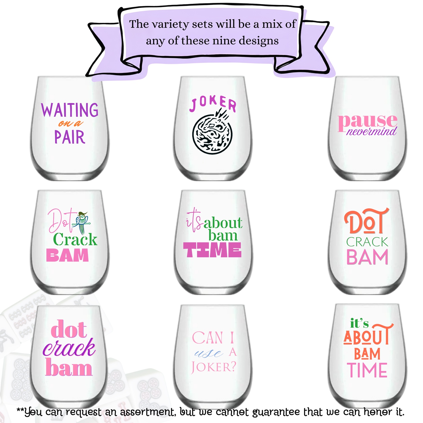 Mahjong Stemless 4ct VARIETY Mix Set Plastic Wine Glasses