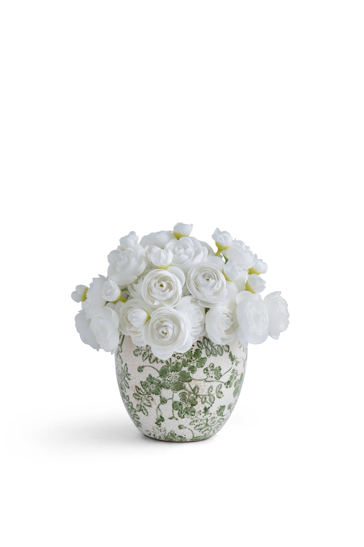 Pave baby Ranunculus in Green and White ceramic: Pink