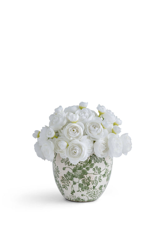 Pave baby Ranunculus in Green and White ceramic: Pink