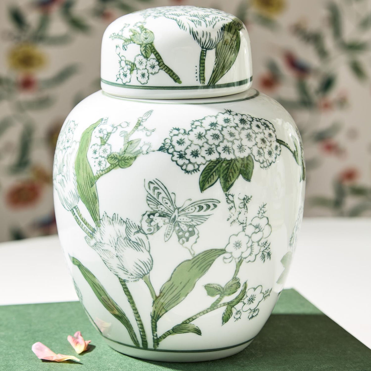 Primrose and Lotus Green and White Chinoiserie Ginger Jar
