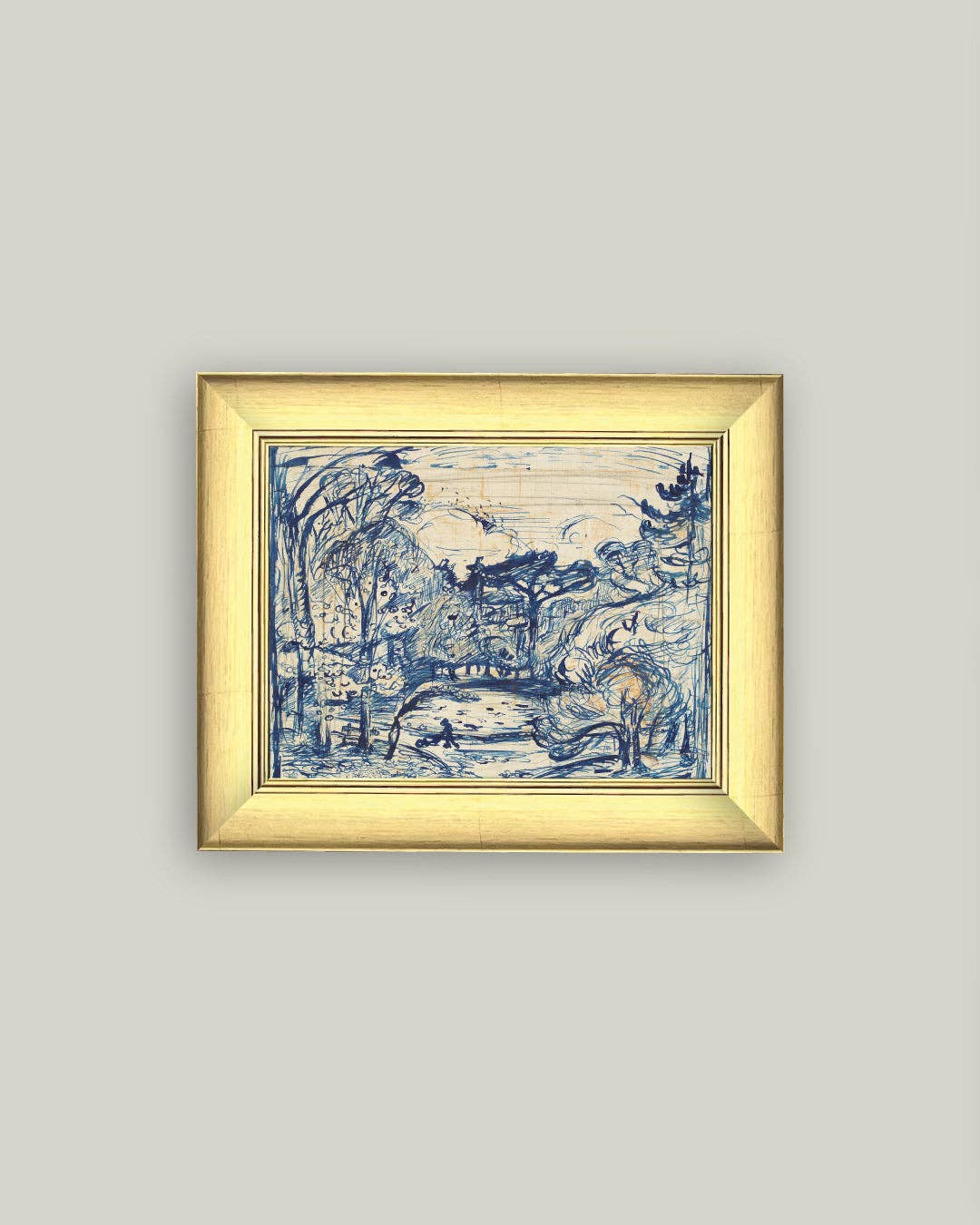 Forest with Woodcutter Framed Antique Art: 11x9