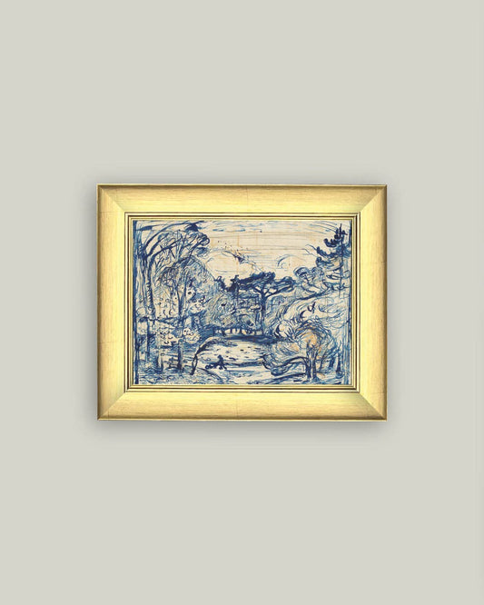 Forest with Woodcutter Framed Antique Art: 11x9