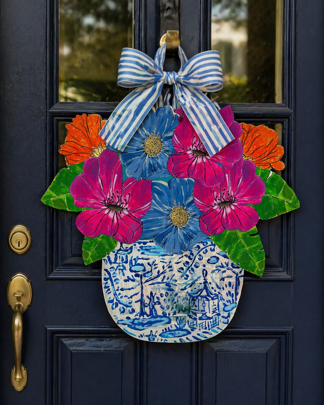 LARGE Designer Pansies in Ginger Jar Door Hanger