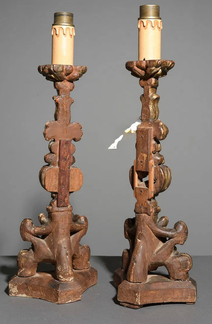 PAIR Ital Gilded Antique Candlesticks 23.5"h