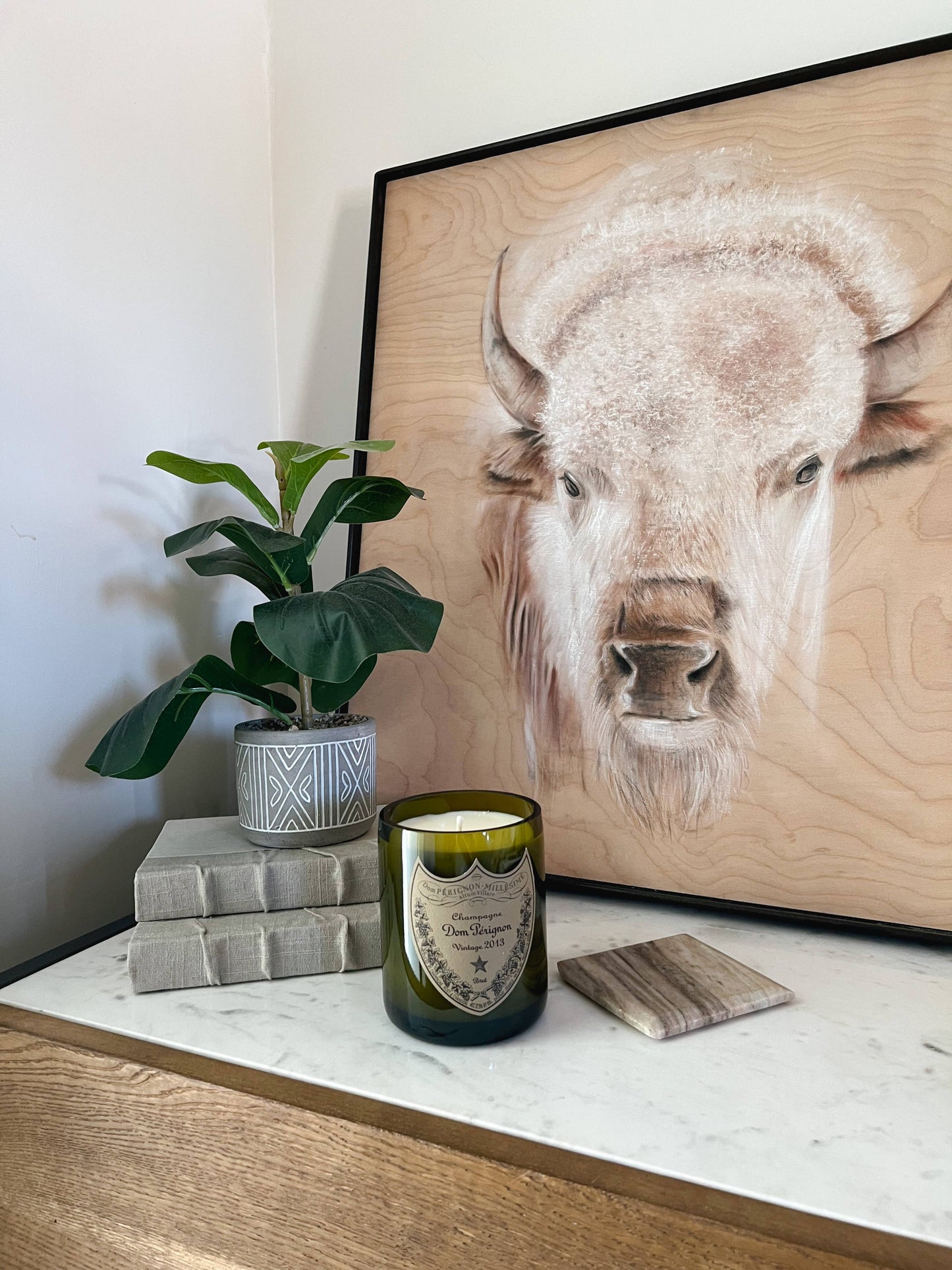 Recycled Dom P Bottle - Vintage Label Candle: Amber/Sandalwood/Leather