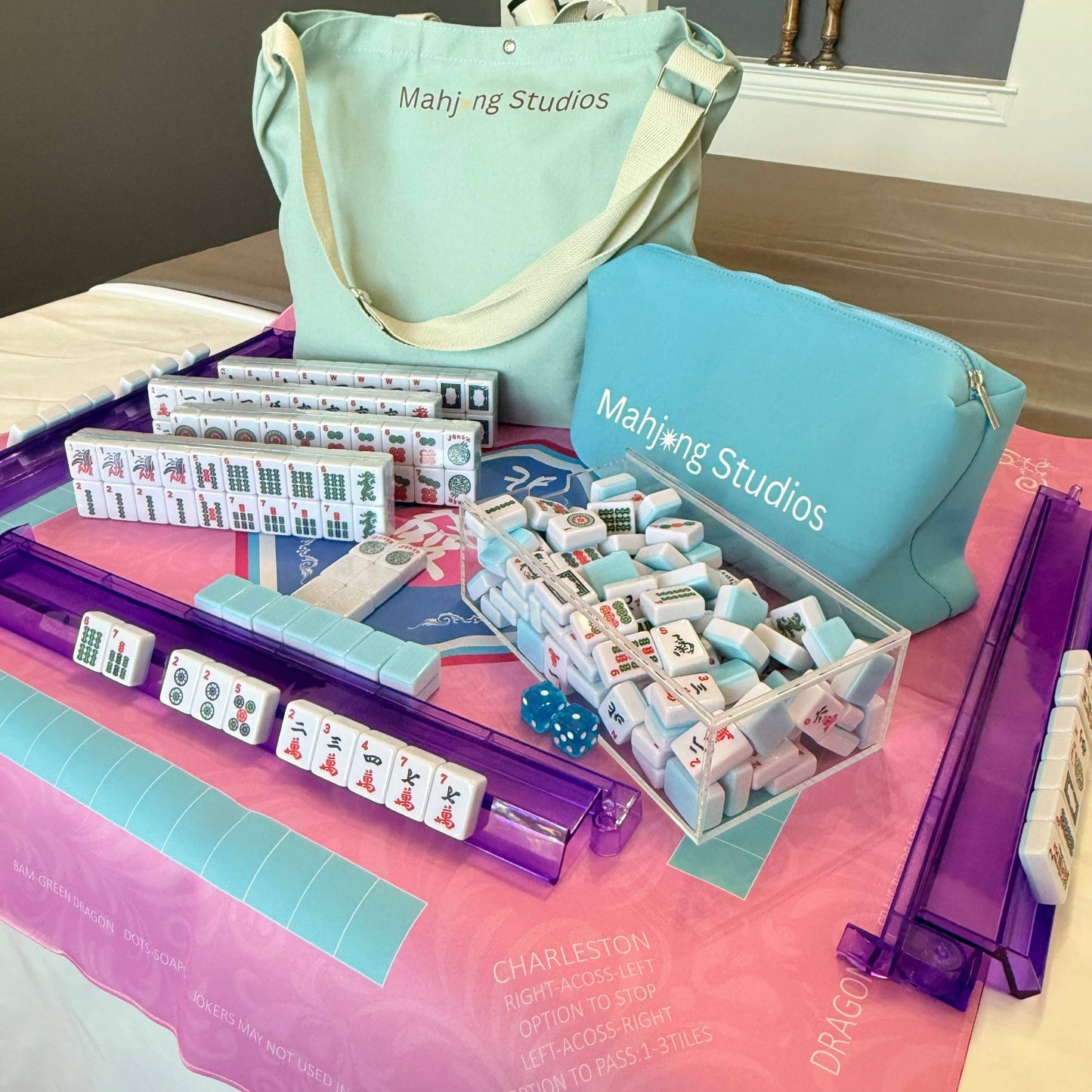 Bamboo Sky Mahjong Set 166 Tiles/Mat/Racks/Bag