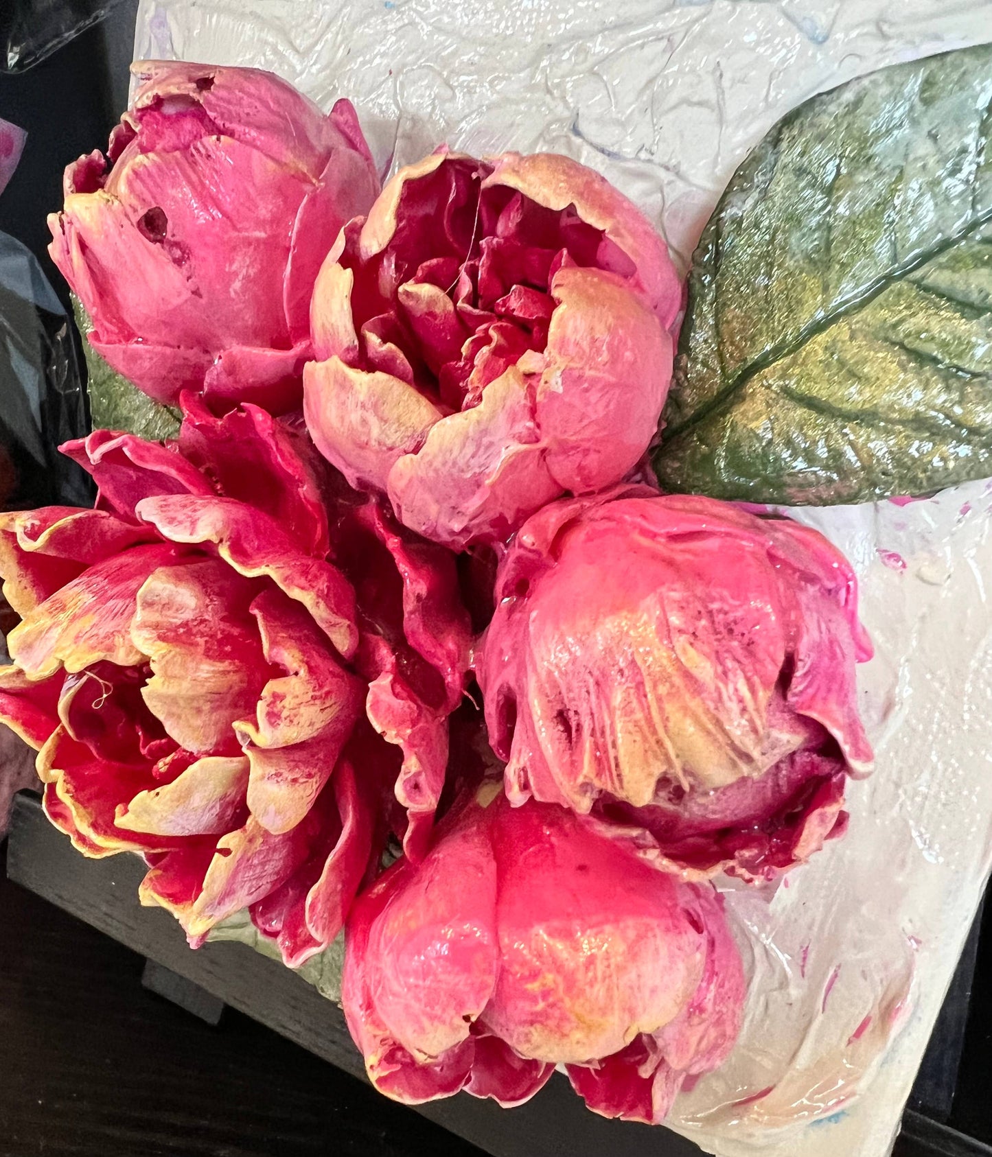 6X6 inch Open Peony w/buds Sculpted Floral Bouquet Art : Pink
