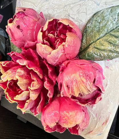 6X6 inch Open Peony w/buds Sculpted Floral Bouquet Art : Pink