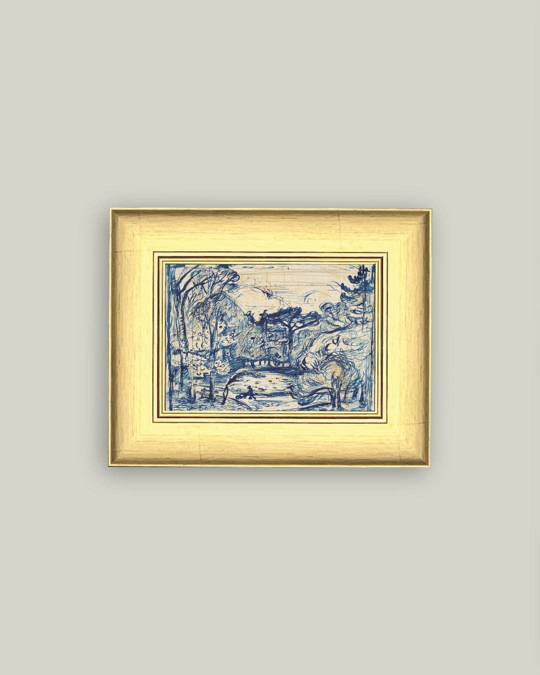 Forest with Woodcutter Framed Antique Art: 11x9