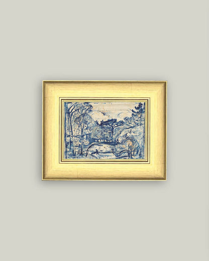 Forest with Woodcutter Framed Antique Art: 11x9