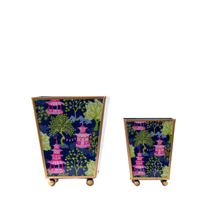 Garden Party Enameled Square Cachepot Planter: Navy & Lime / 4 inch