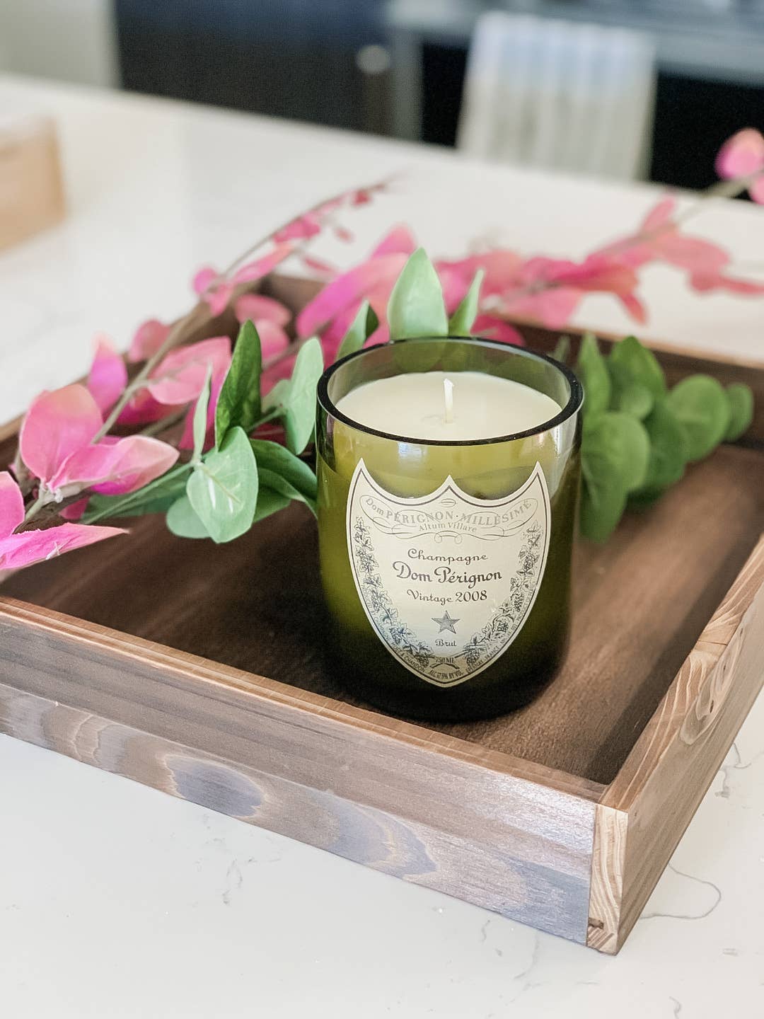 Recycled Dom P Bottle - Vintage Label Candle: Amber/Sandalwood/Leather