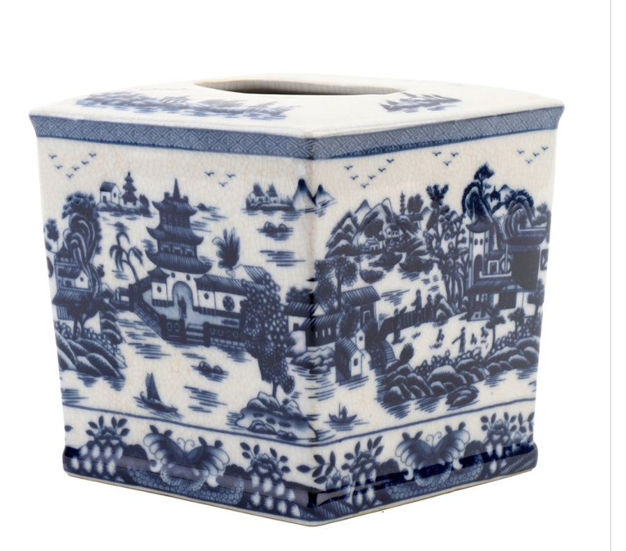 Blue Willow Porcelain Tissue Box 6.5x6.5h