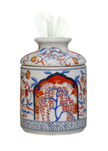 Blue and Red Porcelain Tissue Holder 7"h