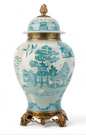 Turq & Wht Willow Temple Jar w/ Bronze 19"h