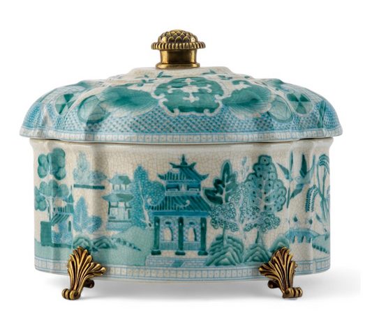 Turq & Wht Willow Oval Box 9x6x7.5"h