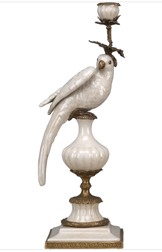 PAIR Porcelain Parrot Candleholders 19"h
