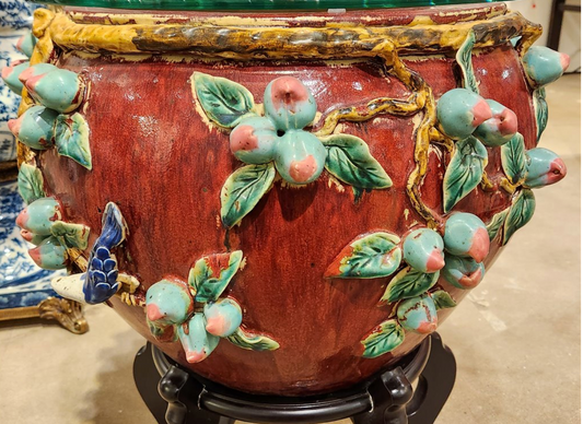 Majolica Fishbowl Red Birds & Peaches 14"h
