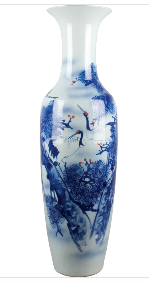 Blue & White Crane and Pine Vase 15x50"h