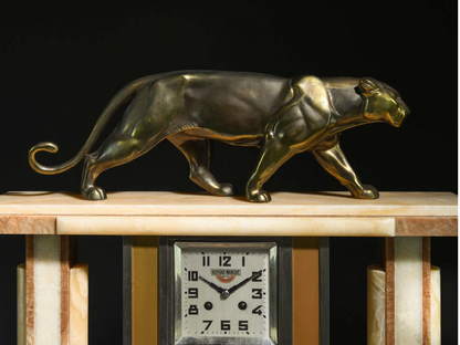 Art Deco Panther Mantle Clock 19.75"h