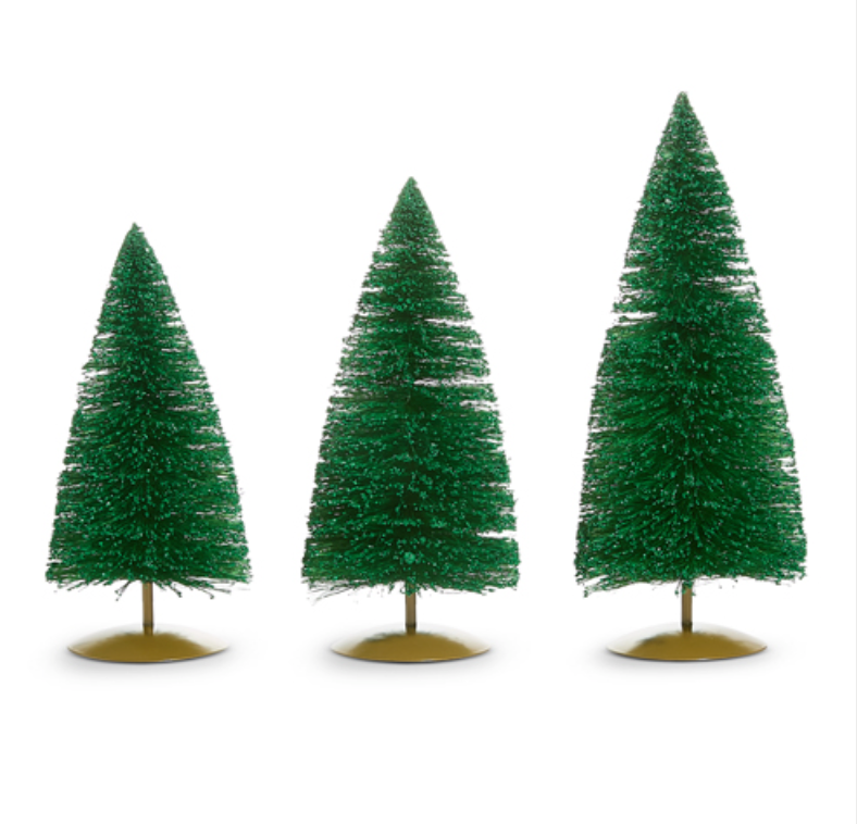14" Green Glittered Bottle Brush Trees Set/3