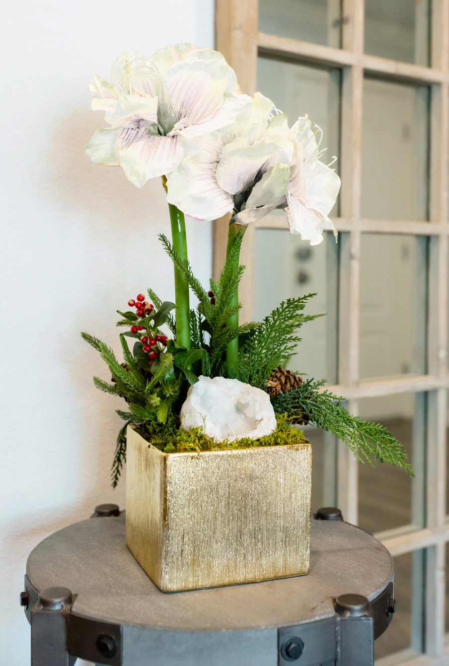 White Double Amaryllis Arrangement 20"h