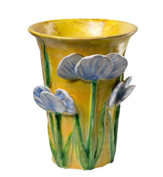 Yellow Vase W/ Blue Flowers 7"h