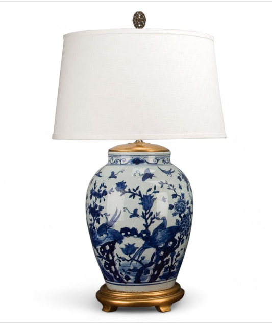 B&W Porcelain Lamp w/ Gold Base 34"h
