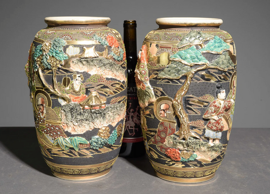PAIR Japanese Satsuma Relief Vases - 12.5"h