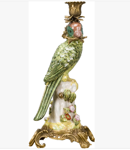 PAIR Porcelain Green Parrot w/ Ormalu C/H 14.5"h