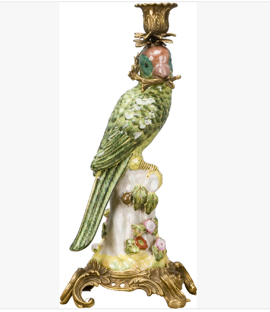 PAIR Porcelain Green Parrot w/ Ormalu C/H 14.5"h